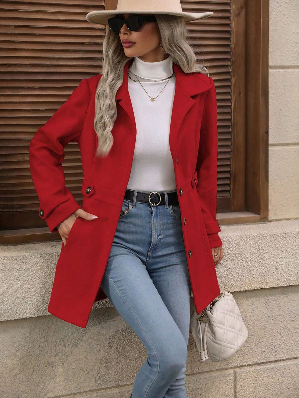 Elegant Single-breasted Woolen Coat Buttons Lapel Mid-length Jacket Temperament Commuter Outwear Clothing For Women Best YouTube Store