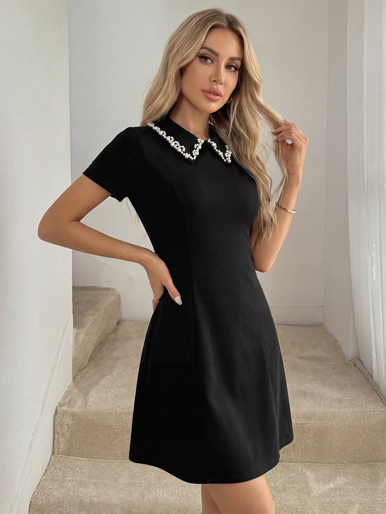 Pearl Collar Short Sleeve A-Line Mini Dress NorixaFashion.com