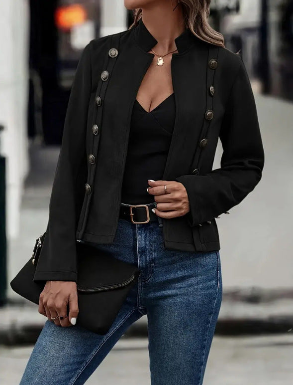 Women's Solid Color Double-breasted Decorative Deerskin Velvet Retro Long-sleeved Jacket LadyShow.Store