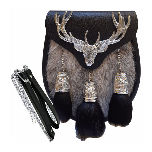 Scottish Kilt Semi Dress Sporran Grey Goat Skin Semi Stag Sporran Antique Unique Stag.450 (Grey Goat Skin Sporran)