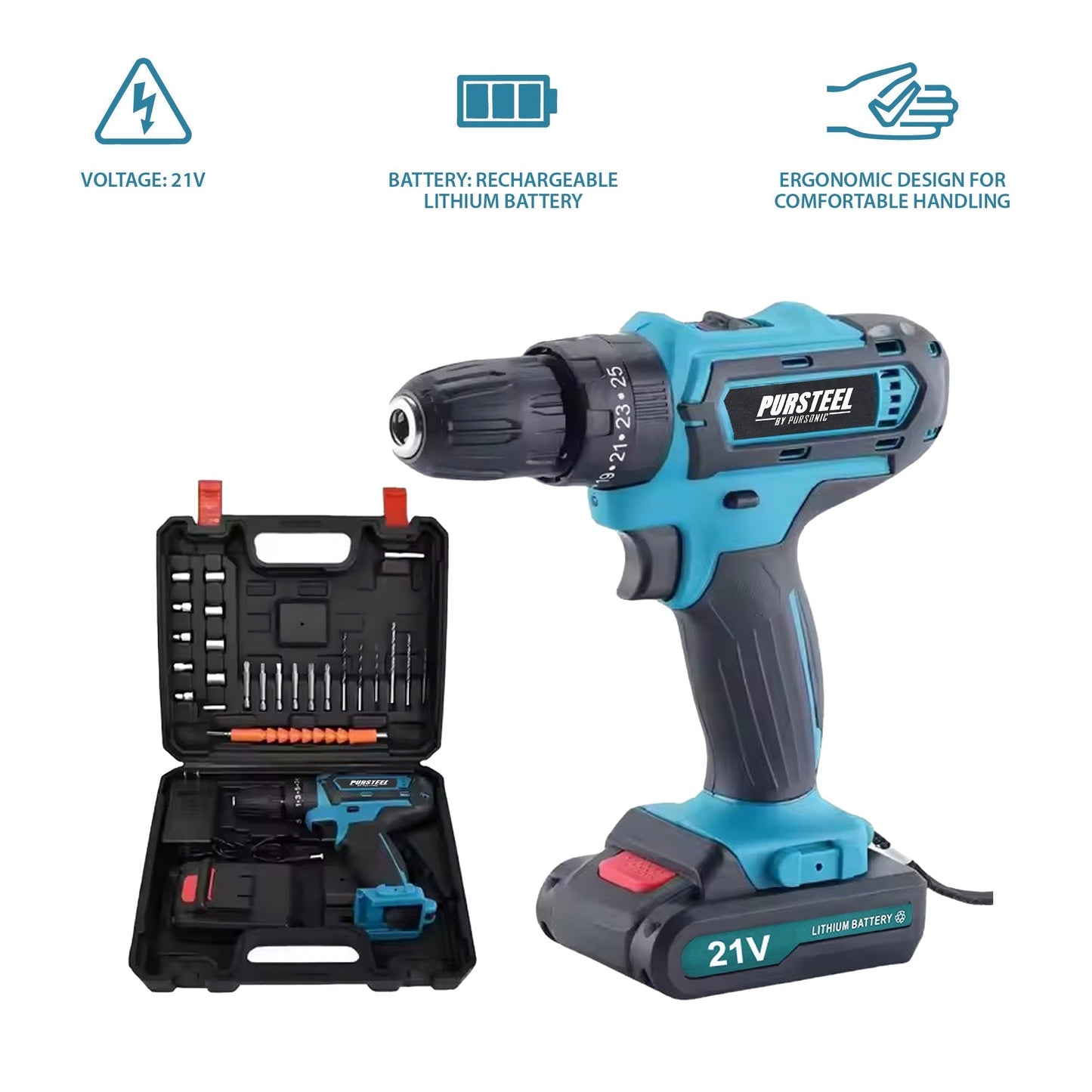 Pursonic 21V Rechargeable Cordless Drill 24 Piece Set – Compact Power for Home & DIY Projects LuxuryLifeWay Online Store