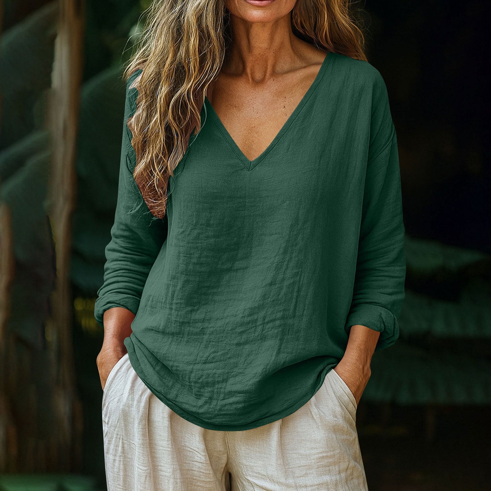 Fashionable Cotton-Linen Long-Sleeve V-Neck Top NorixaFashion.com