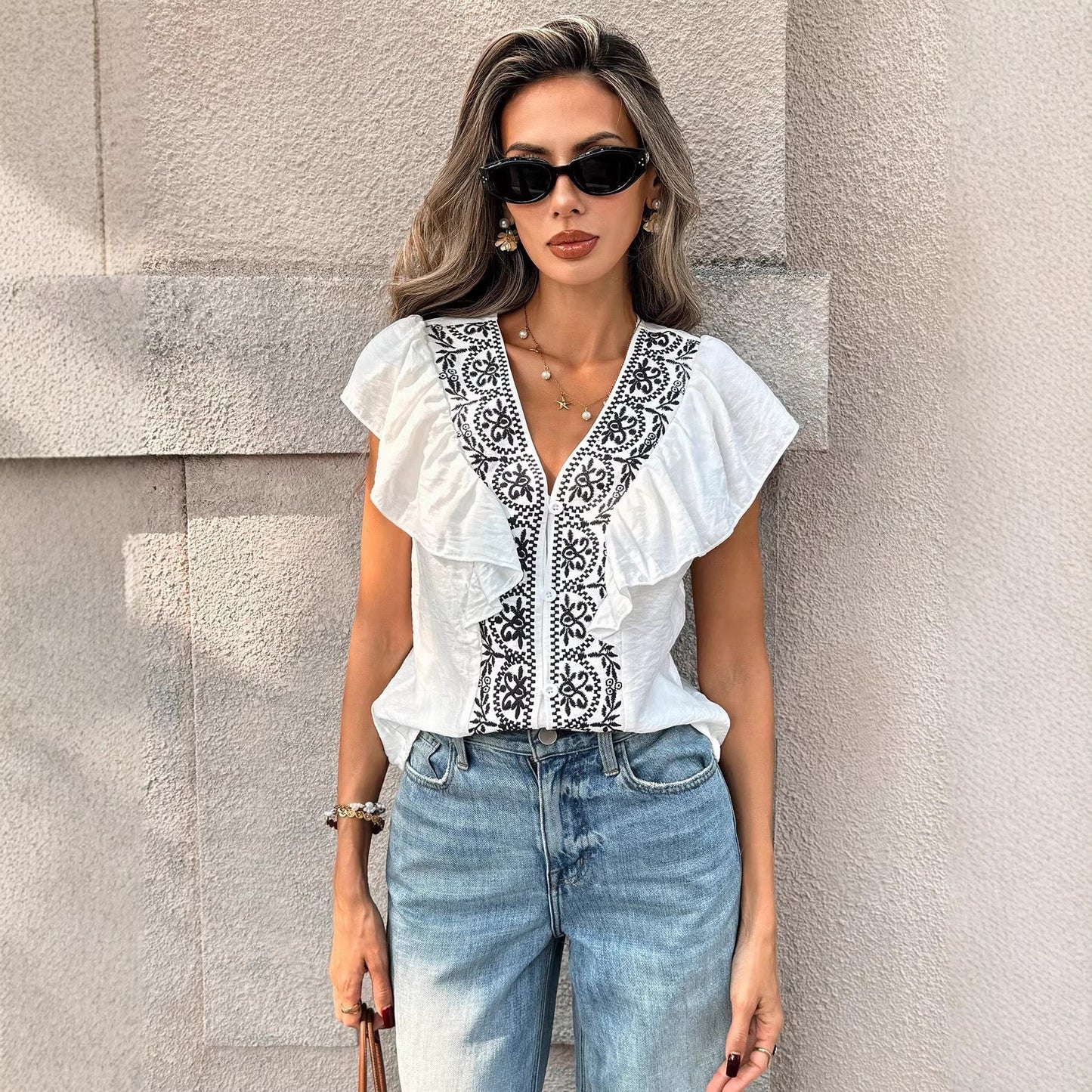 Ruffled V-neck Single-breasted Short-sleeve Top LadyShow.Store