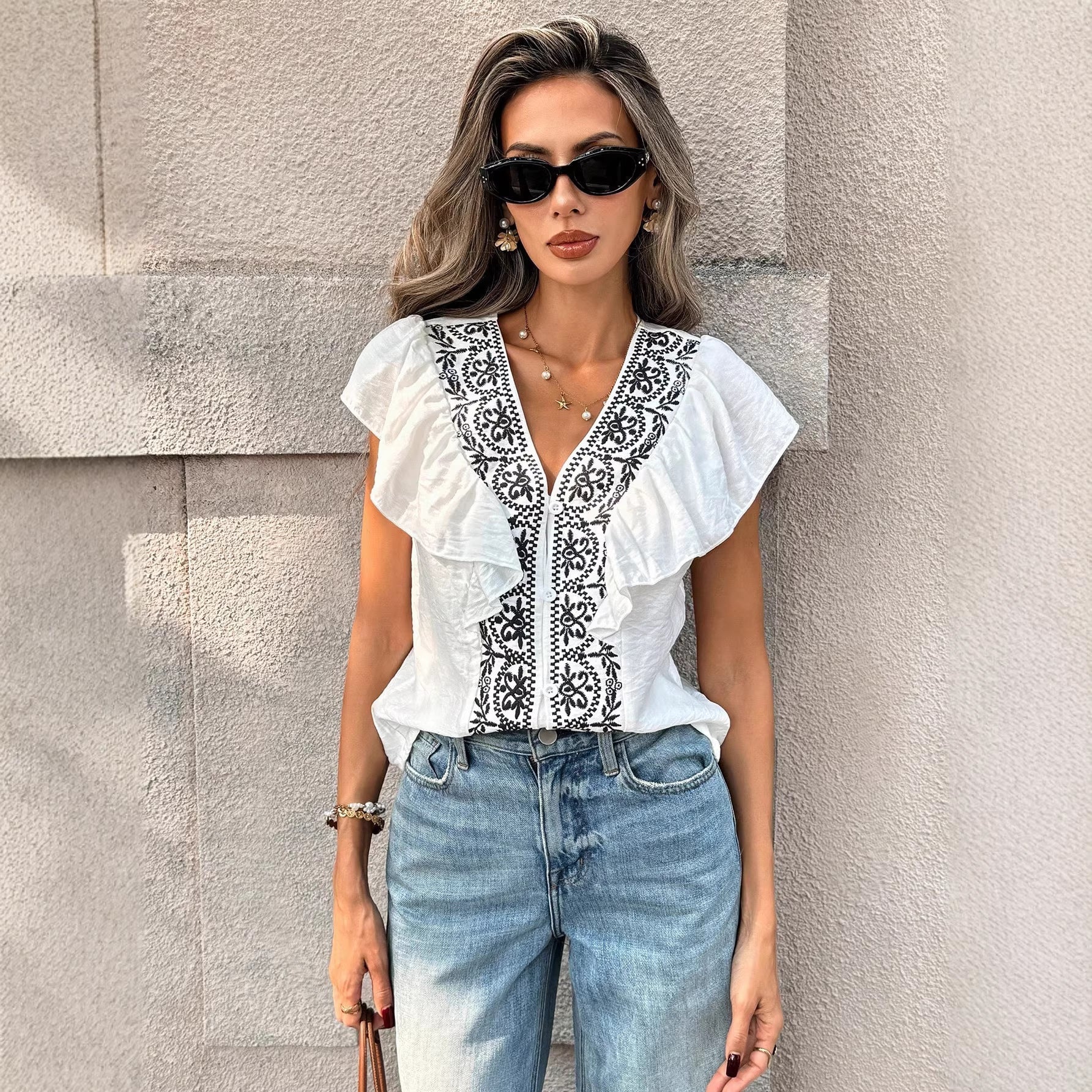 Ruffled V-neck Single-breasted Short-sleeve Top LadyShow.Store