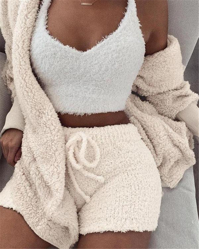 3pcs Womens Clothing Long Sleeve Crop Tank Top And Drawstring Shorts Pajama Set NorixaFashion.com