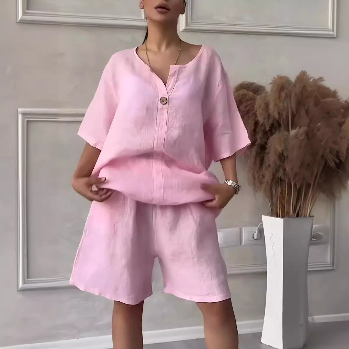 Cotton-linen Shirt Set With High-waisted Loose Shorts For Women LadyShow.Store