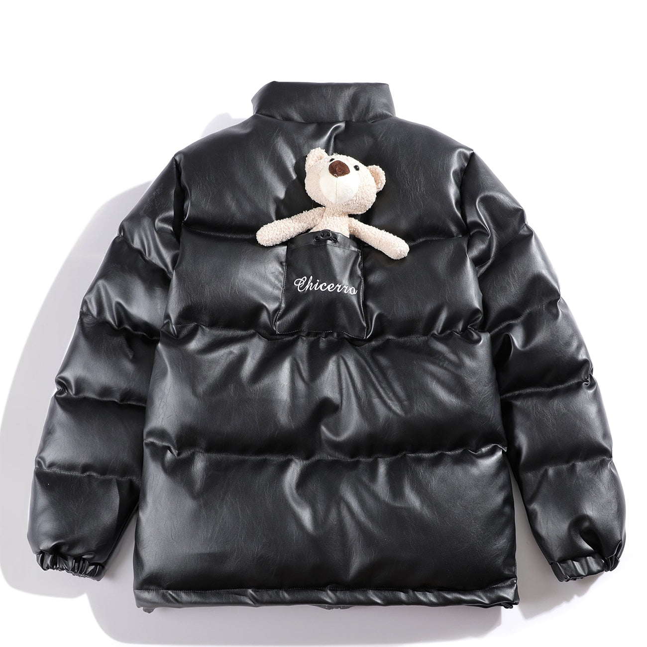 Bear decoration PU leather cotton jacket