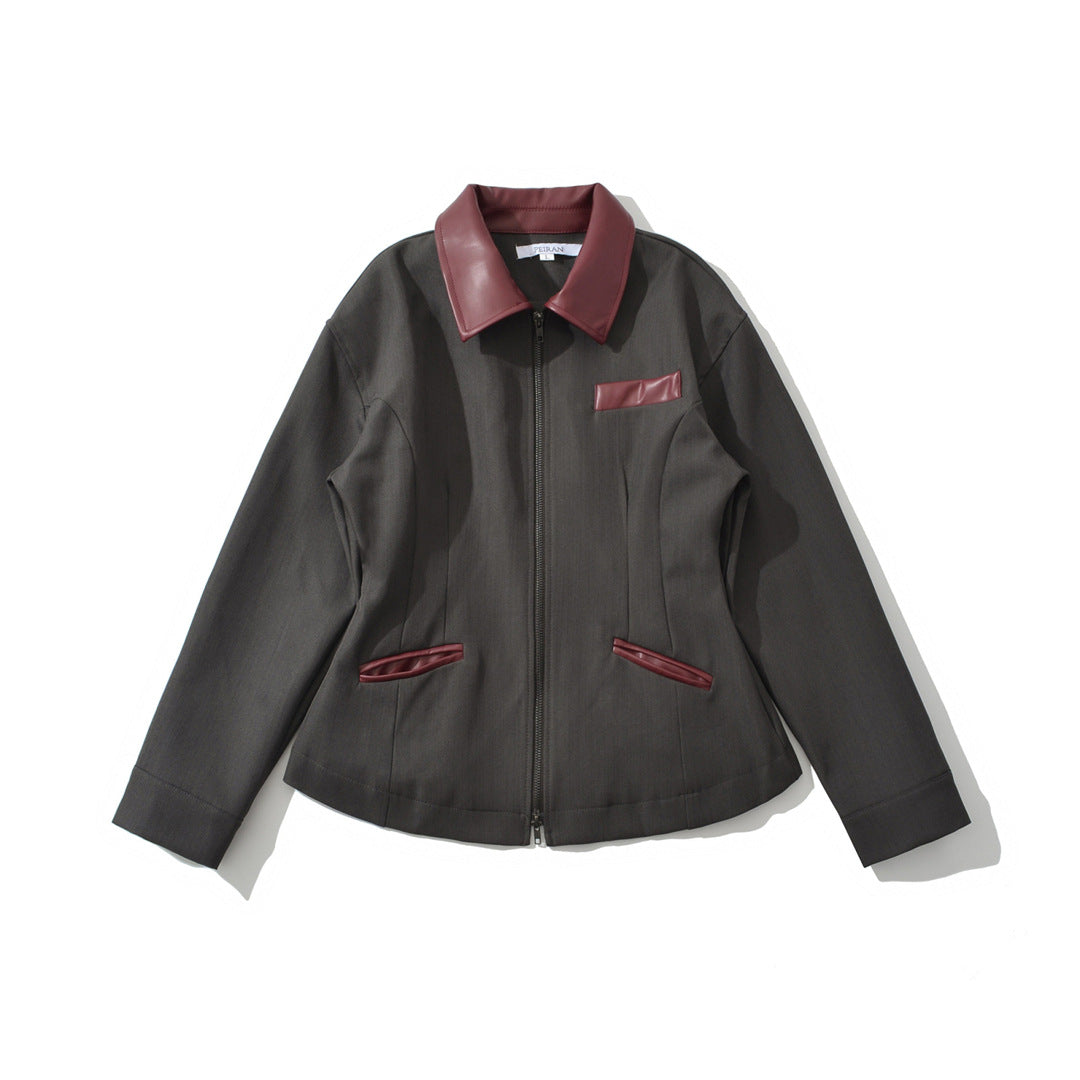 Retro Lapels Contrast Color Waist-tight Motorcycle Slim-fit Leather Coat Zipper Jacket LadyShow.Store