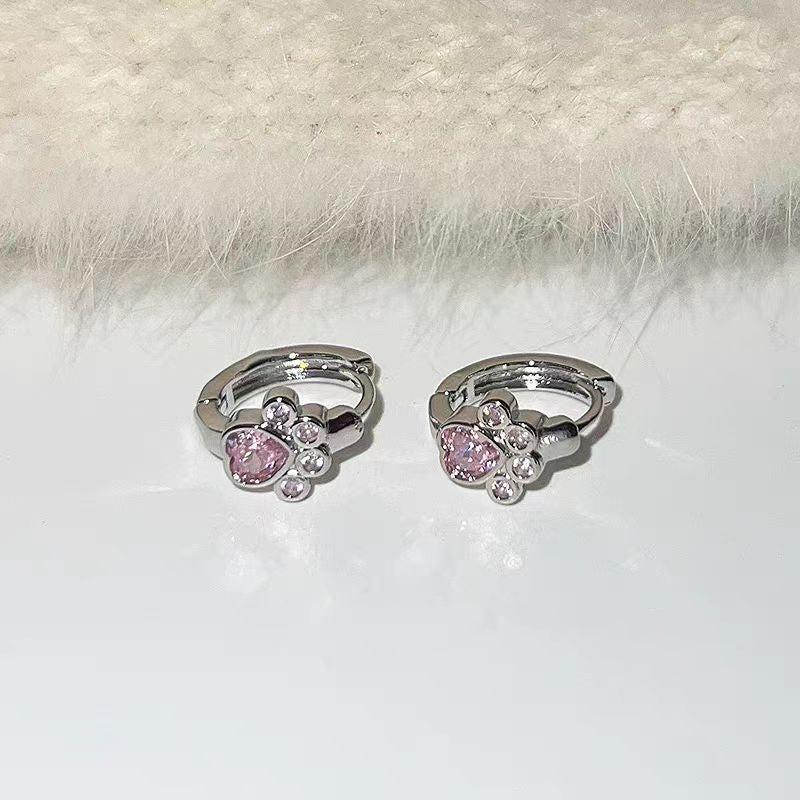 Female Diamond Studded Love Cat Foot Earrings CJD
