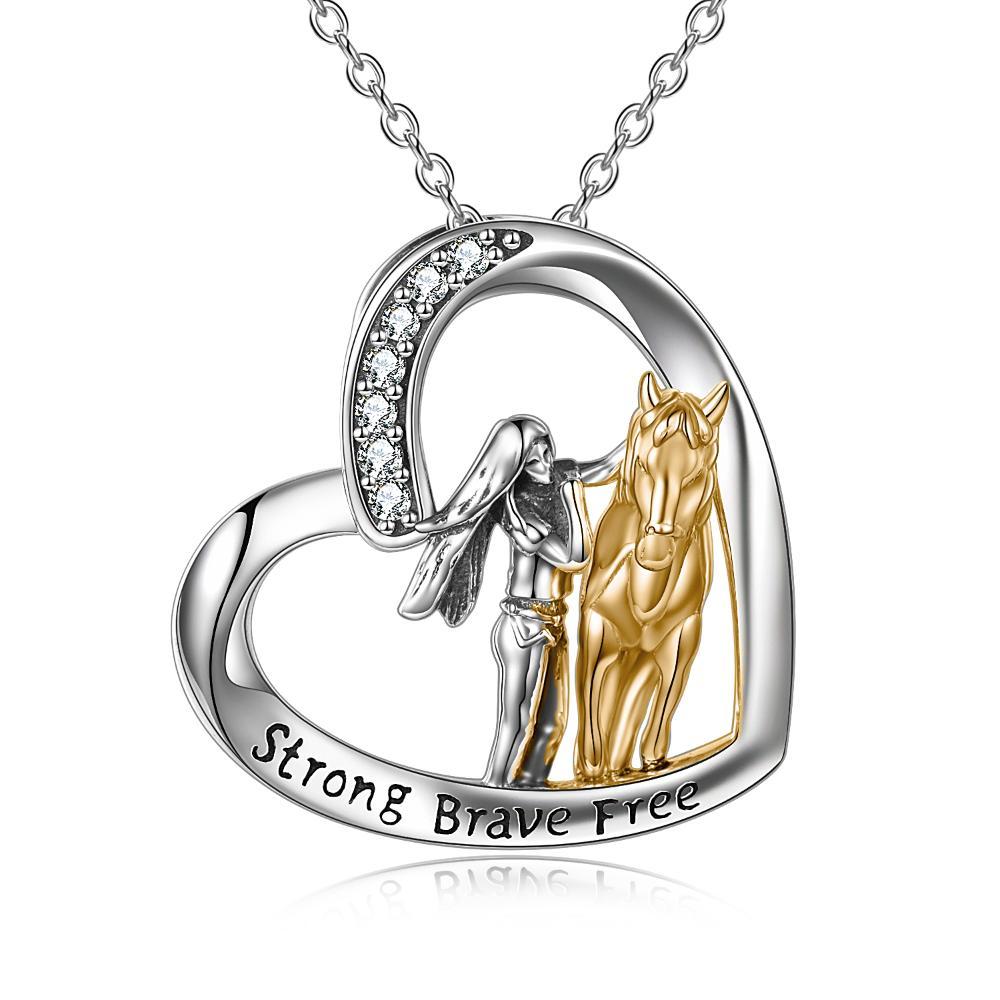 Sterling Silver Horse and Girl Pendant Necklace for Girls Women LadyShow.Store