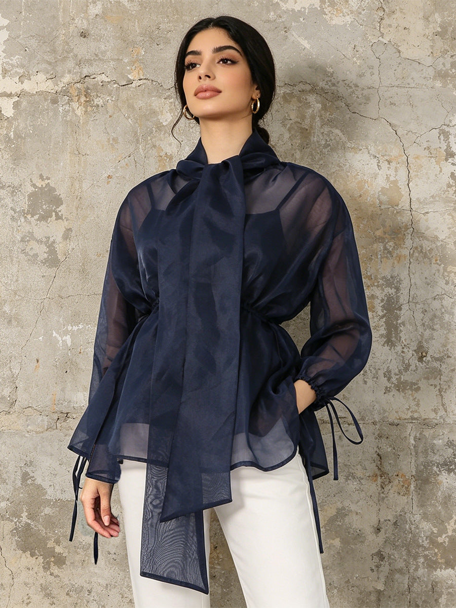 Navy Organza Bow Neck Drawstring Waist Sheer Long Sleeve Blouse NorixaFashion.com