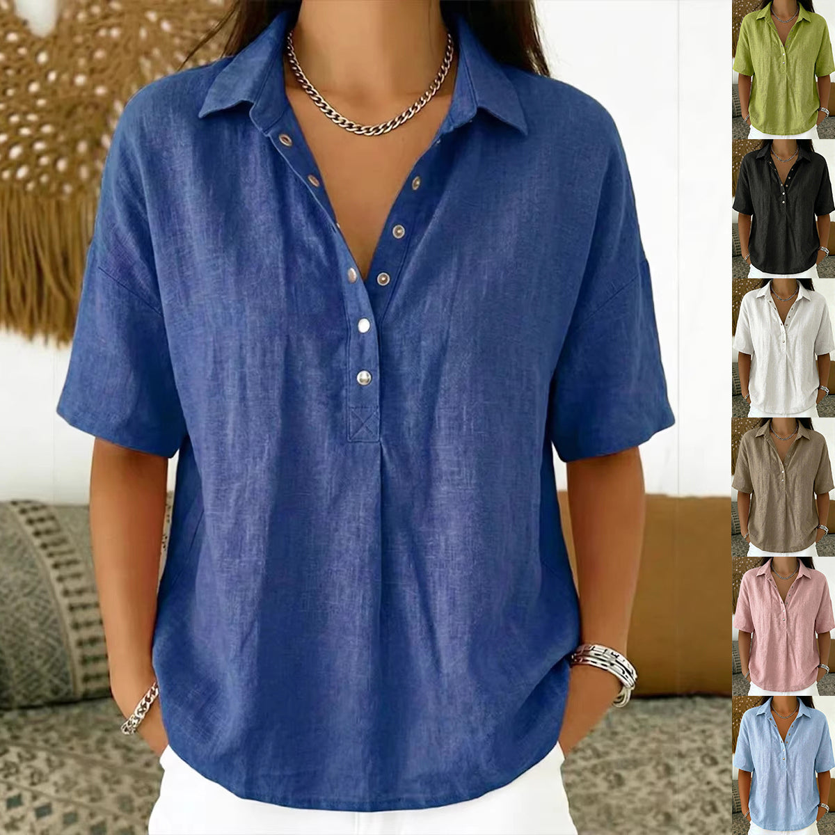 Summer Short-sleeved Shirt Button Pullover Top Fashion Casual Women's Clothing NorixaFashion.com