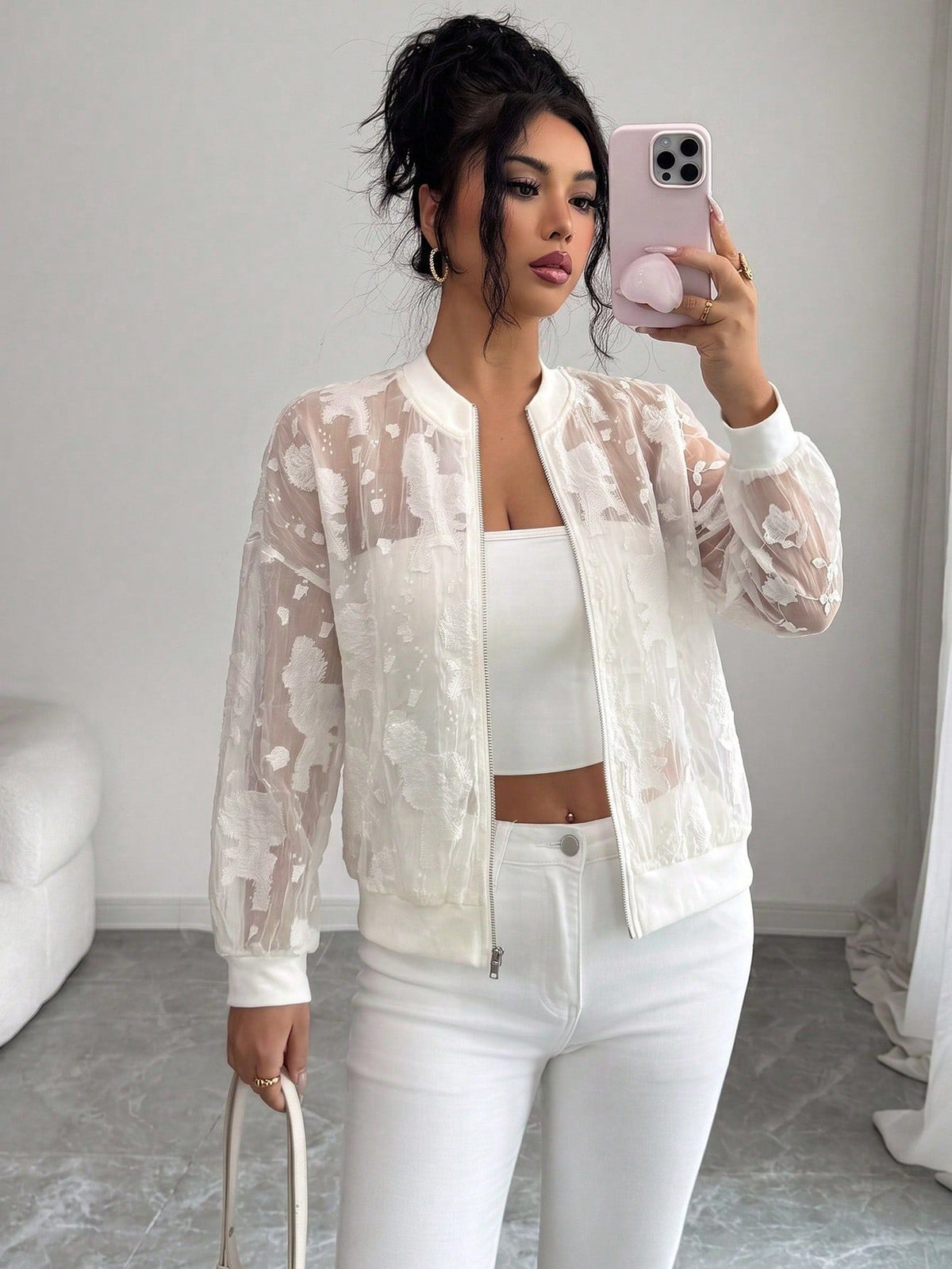 European And American Cross-border 2026 Autumn New Jacquard Jacket Semi-transparent Loose Zipper Rib Collar Cuff Jacket NorixaFashion.com