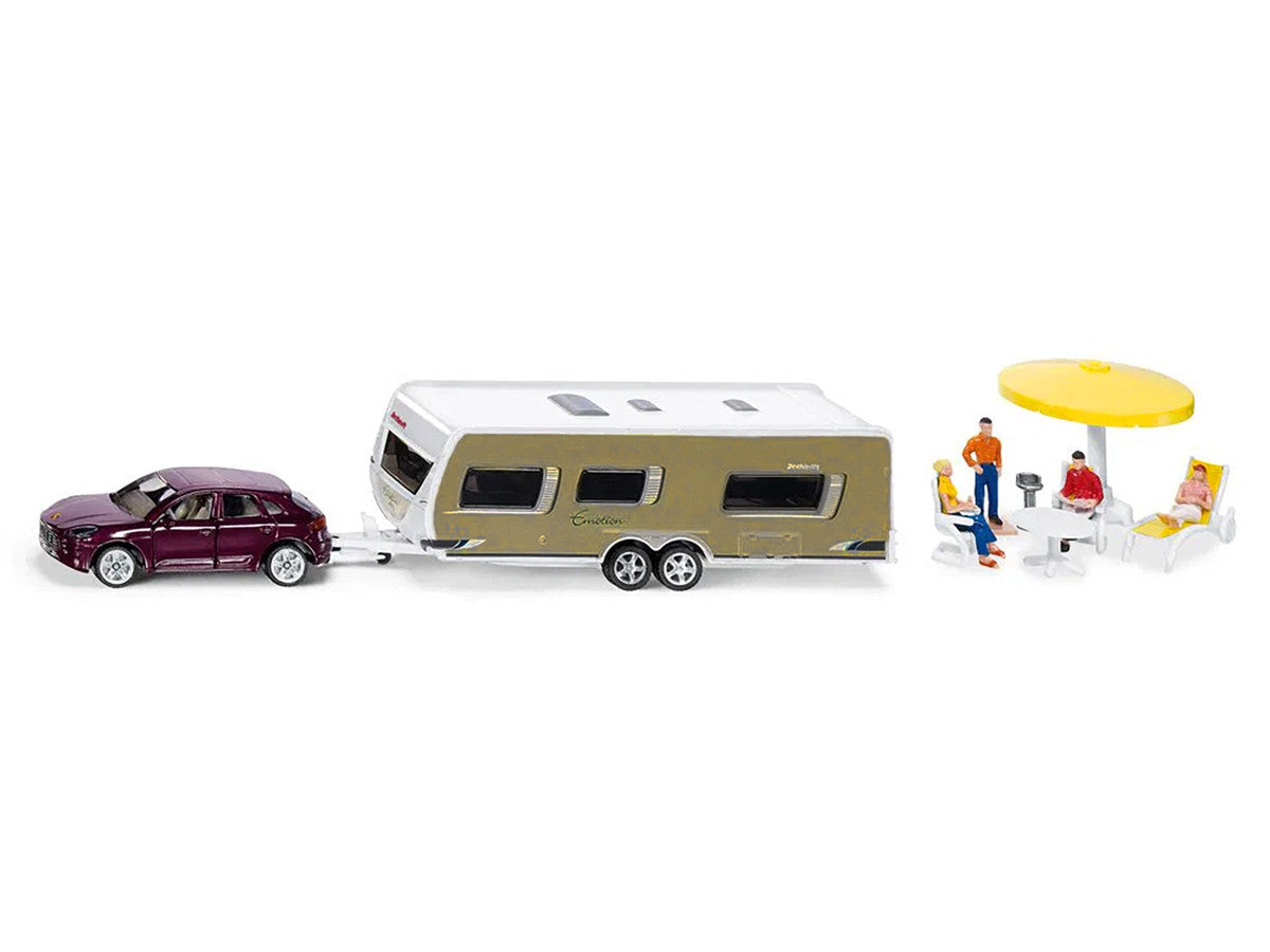Porsche Macan Turbo Maroon Metallic and Dethleffs Exclusiv Emotion Caravan with Figures and Camp Accessories Set 1/55 Diecast Model by Siku LuxuryLifeWay Online Store