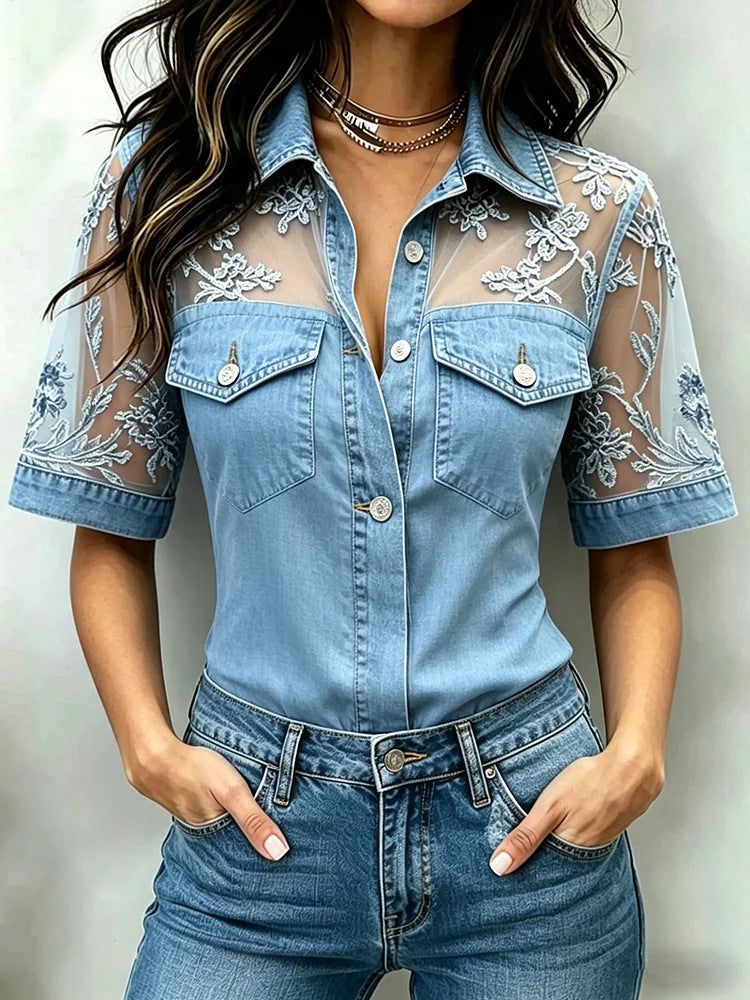 Womens Casual Loose-fit Faux-jean Patchwork Top NorixaFashion.com