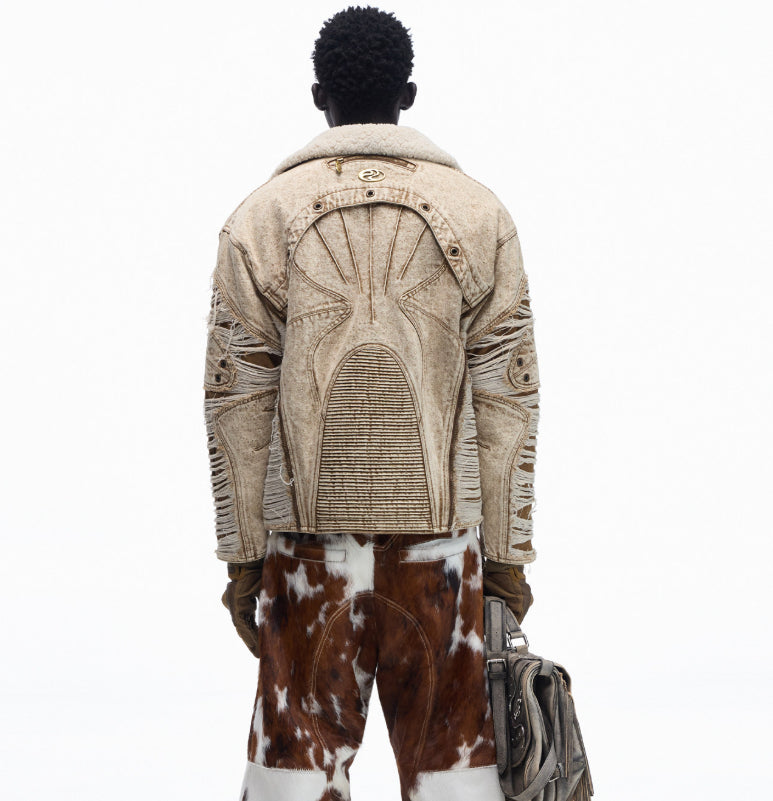 Ravaged And Distressed Apricot Lambswool Denim Jacket LuxuryLifeWay Online Store