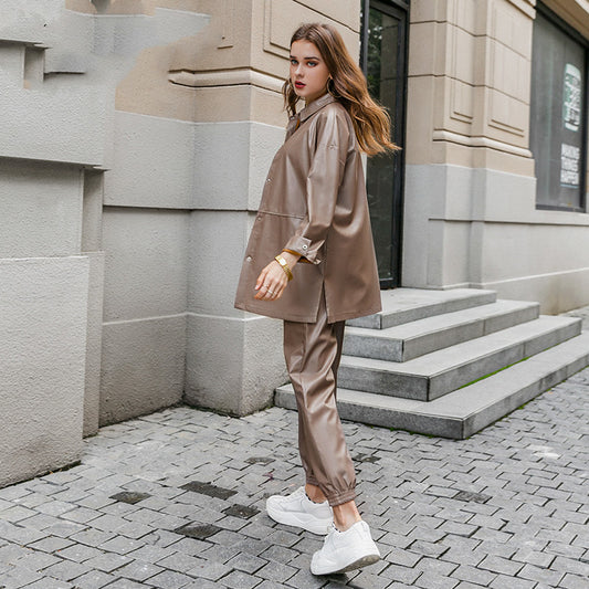 Brown Leather Jacket and Pants Set for Women Pi-Mart