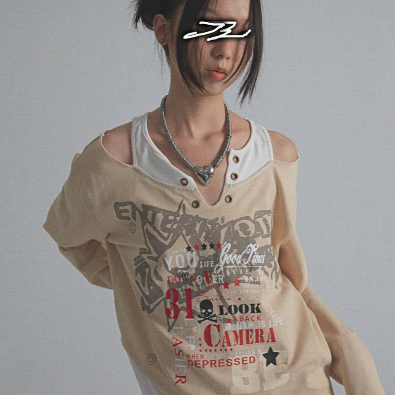 Vintage Print Off Shoulder Long Sleeve T-Shirt Pi-Mart