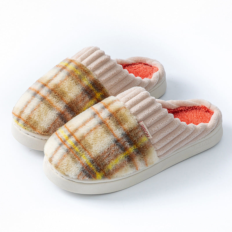 Plaid Plush Slippers Warm Soft Non-slip Bedroom Home Slipper For Couples Women Men House Shoes CJD