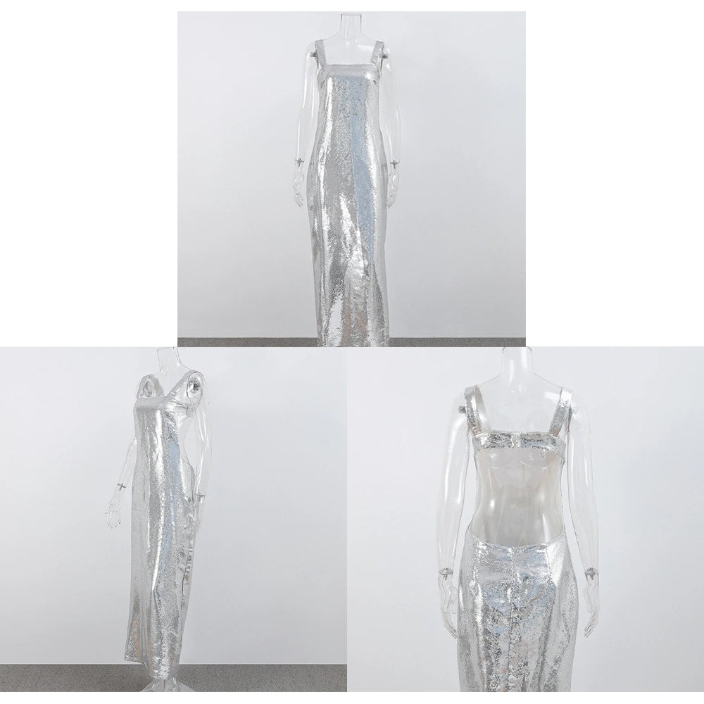 Silver Sequin Halter Dress NorixaFashion.com