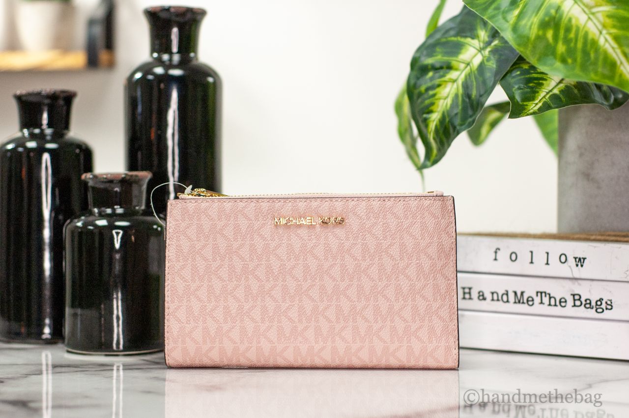Michael Kors Jet Set Travel Dark Powder Blush PVC Large Double Zip Wrist Wallet LadyShow.Store