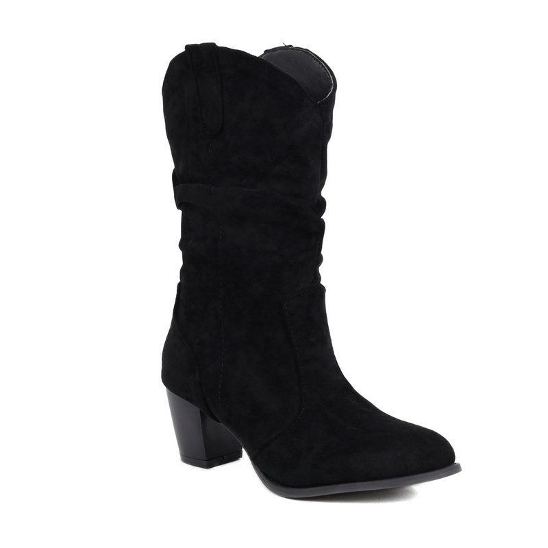 Chunky Heel High Heel Frosted Mid-calf Boots For Women LadyShow.Store