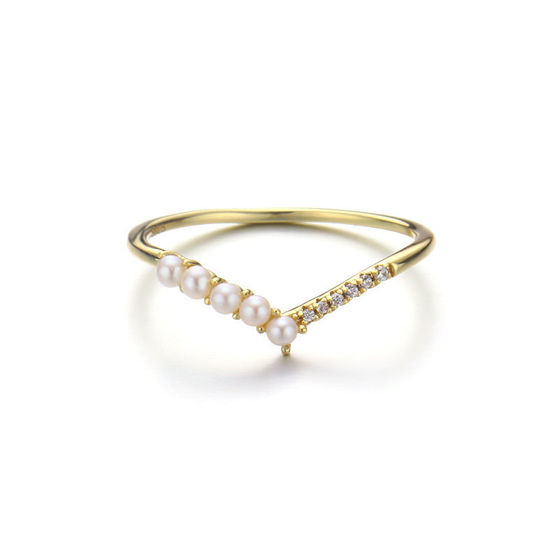 V-shaped Natural Pearl Zircon Ring Girl