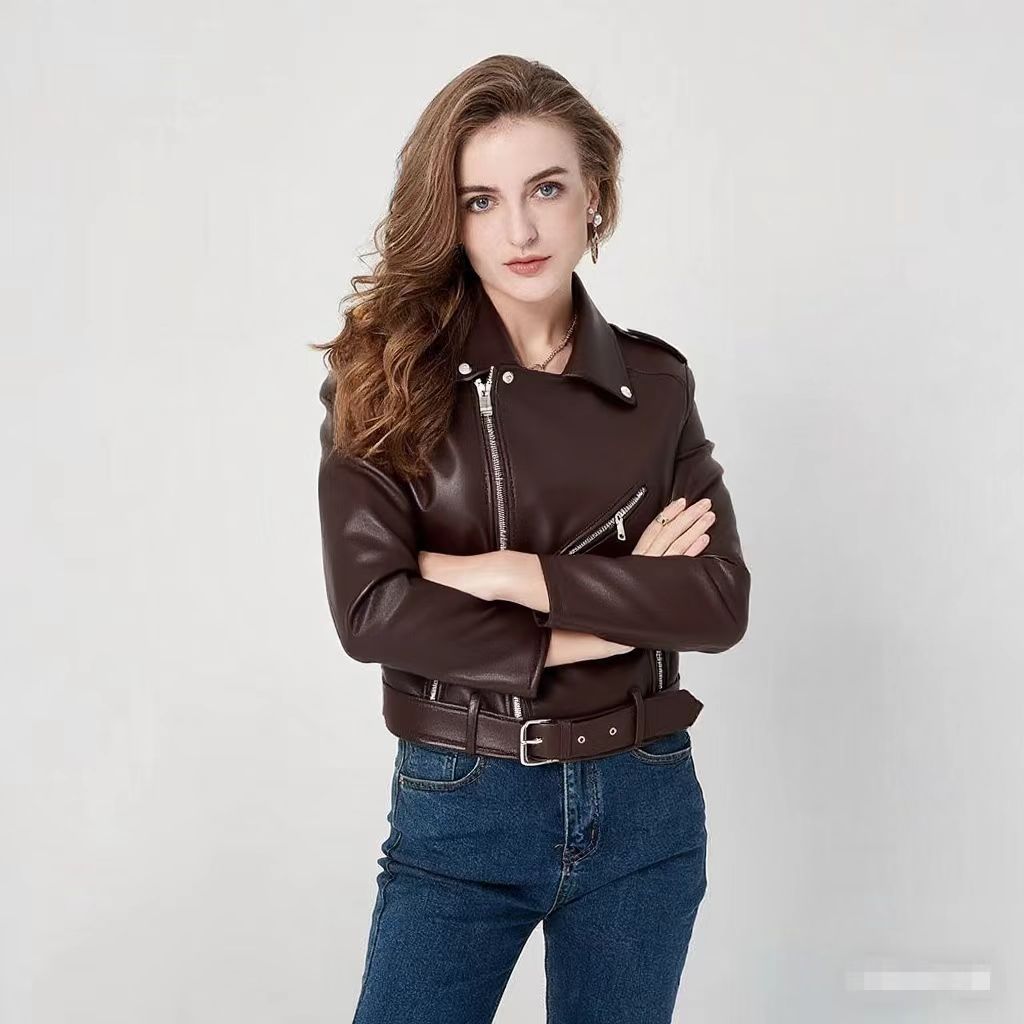 Women's Fashion Diagonal Zipper Slim Fit Washed Motorcycle Jacket LadyShow.Store