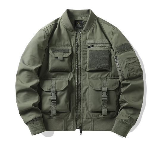 Graffiti Print Multi-Pocket Work Jacket with Ribbon Collar Pi-Mart