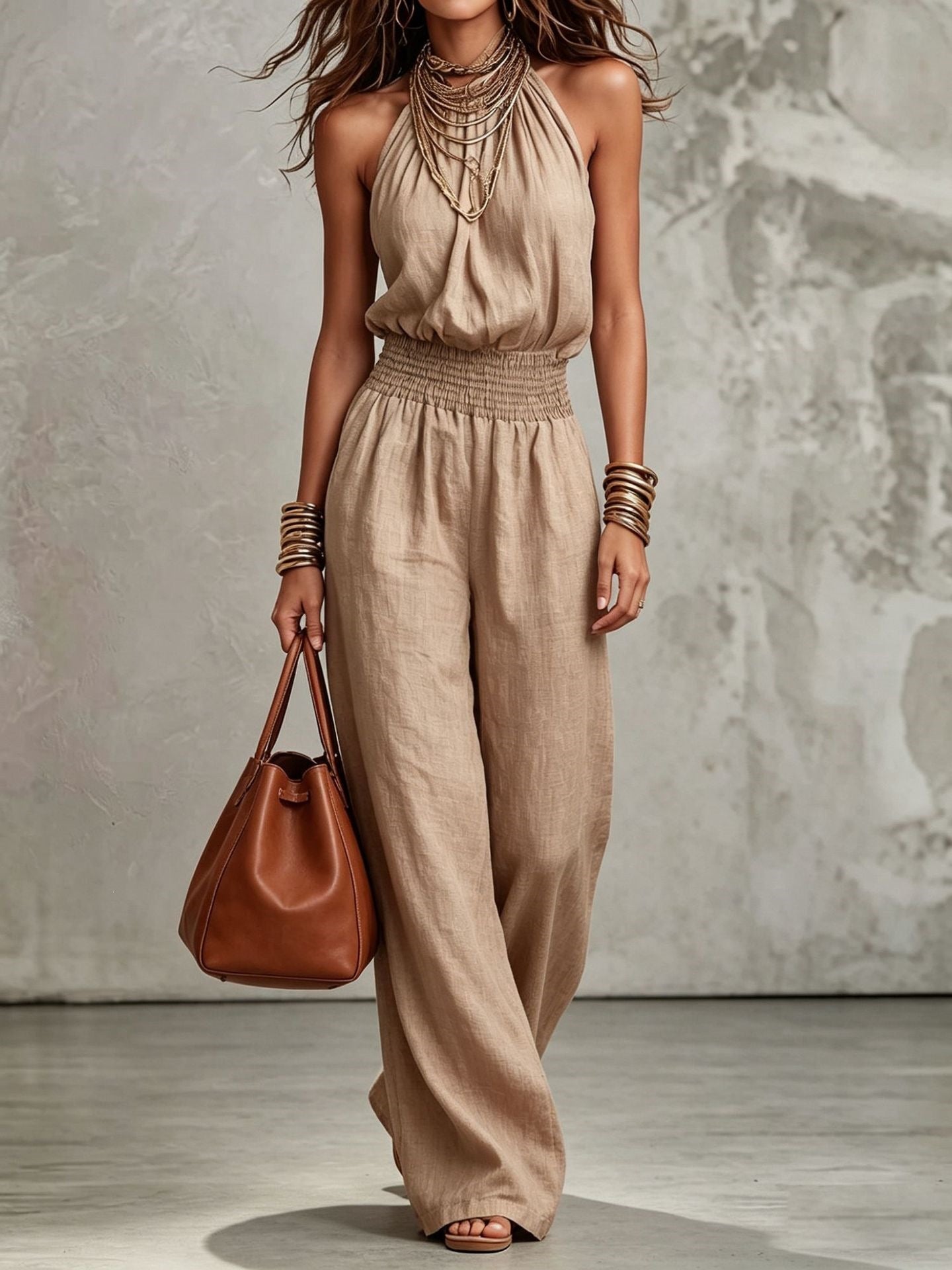 Womens Sleeveless Jumpsuit Backless Lace-up Halter Overall Pants Wide-leg Straight Onesie Trousers NorixaFashion.com