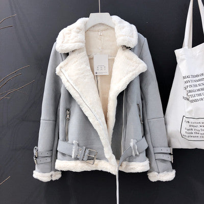 Lamb Wool Jacket, Thick Suede Leather Motorcycle Coat Pi-Mart