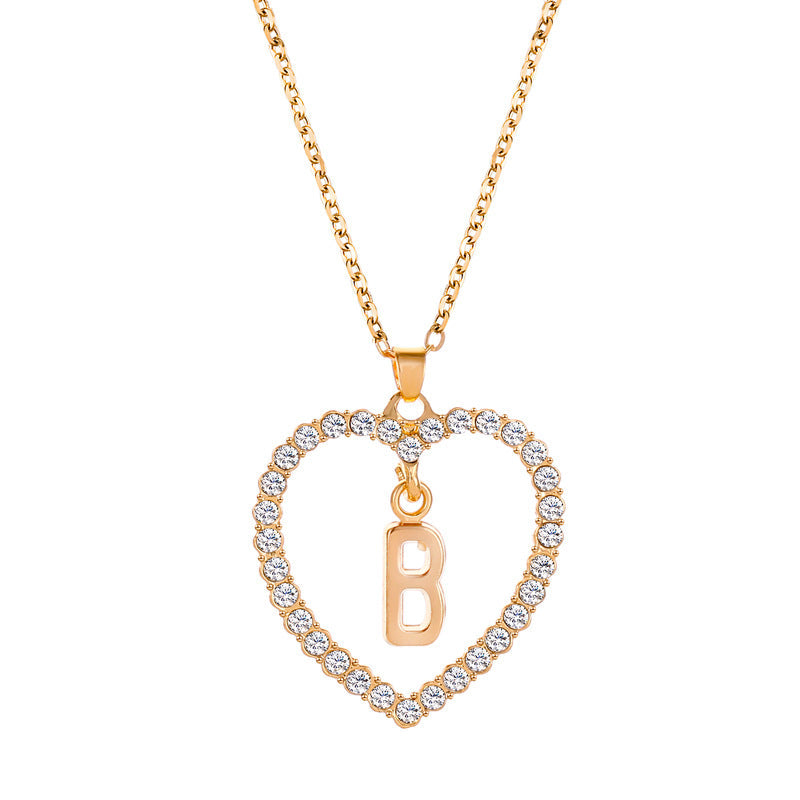 Womens Stylish & Minimalist Diamond-Encrusted 26-Letter Heart Pendant Necklace Best YouTube Store