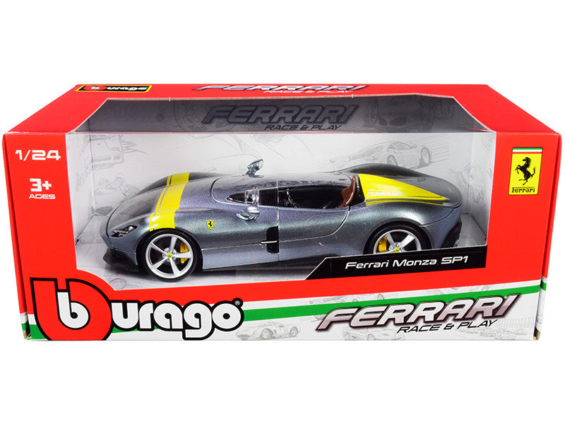 Ferrari Monza SP1 Silver Metallic with Yellow Stripes 1/24 Diecast Model Car by Bburago LuxuryLifeWay Online Store