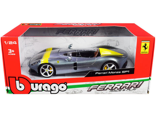Ferrari Monza SP1 Silver Metallic with Yellow Stripes 1/24 Diecast Model Car by Bburago LuxuryLifeWay Online Store