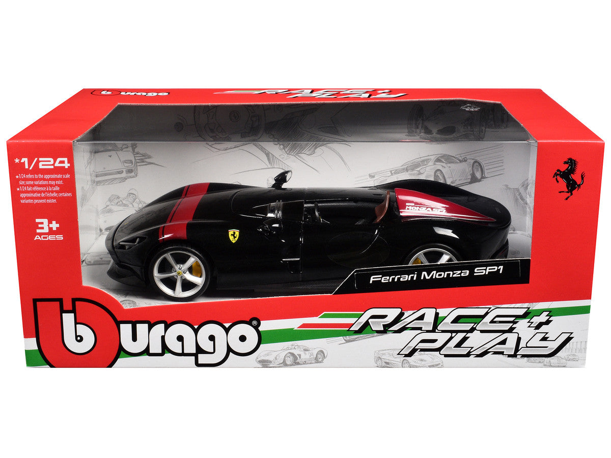 Ferrari Monza SP1 Black Metallic with Red Stripes "Race & Play" Series 1/24 Diecast Model Car by Bburago LuxuryLifeWay Online Store