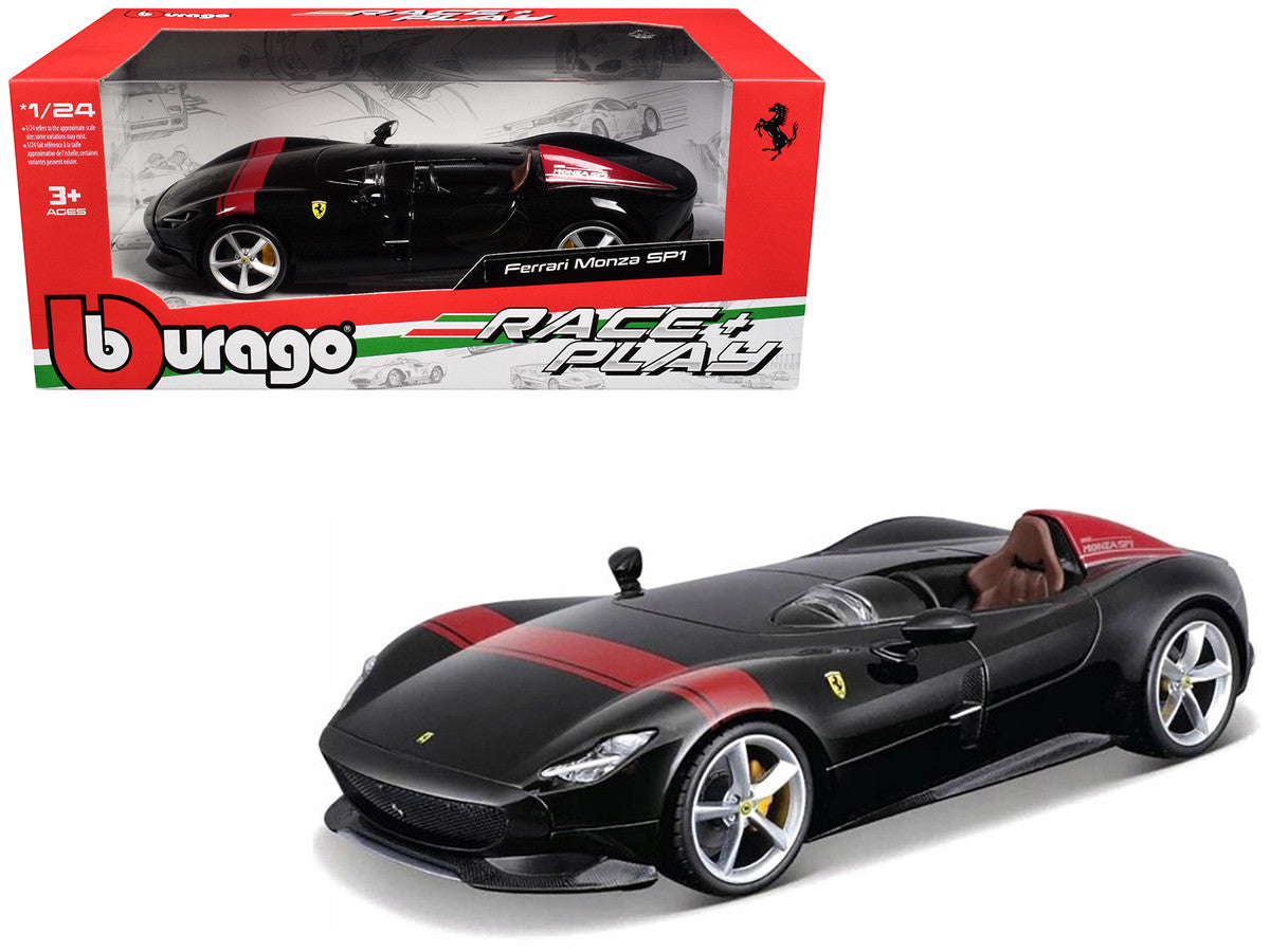 Ferrari Monza SP1 Black Metallic with Red Stripes "Race & Play" Series 1/24 Diecast Model Car by Bburago LuxuryLifeWay Online Store