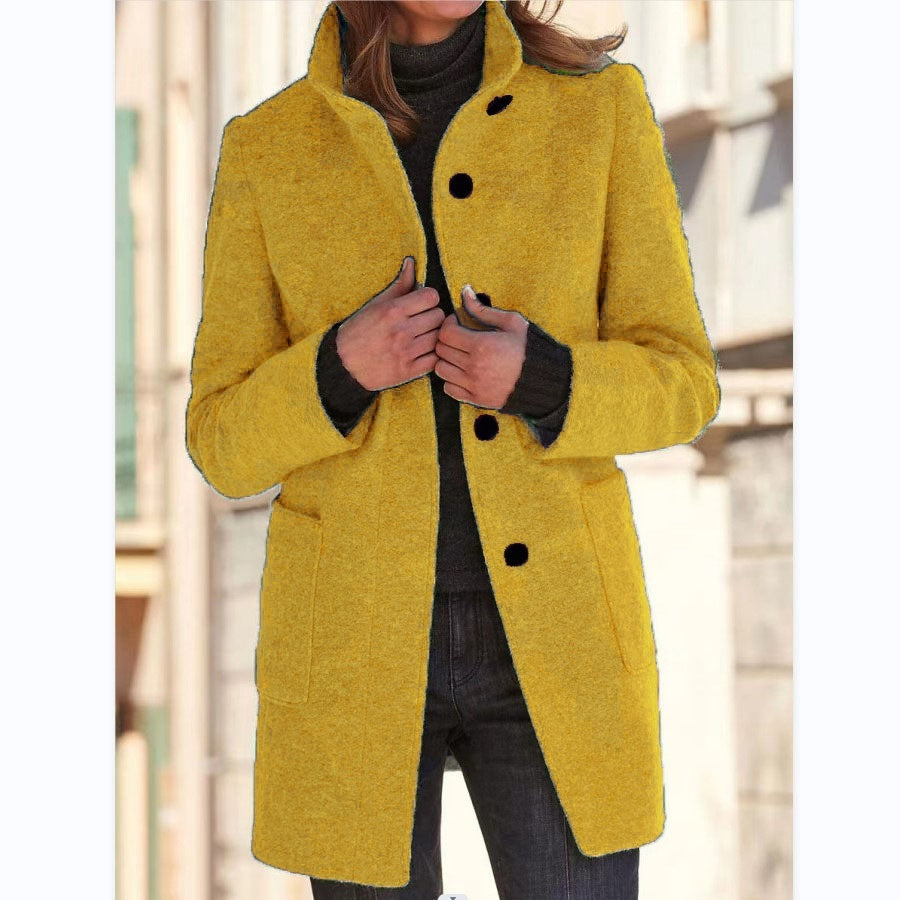 Women's Stand Collar Woolen Coat - Slim Fit Fall and Winter Button Front Trench Coat with Pockets Best YouTube Store