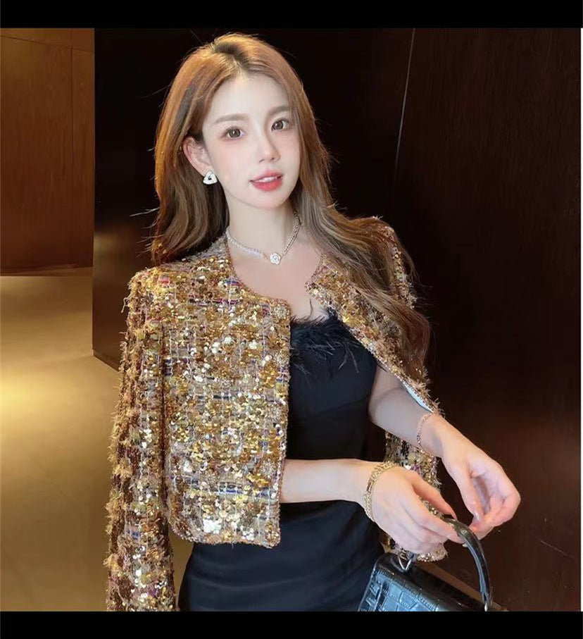 Gold Sequins Light Luxury Heavy Industry Advanced Ladies Fashion French Coat Best YouTube Store