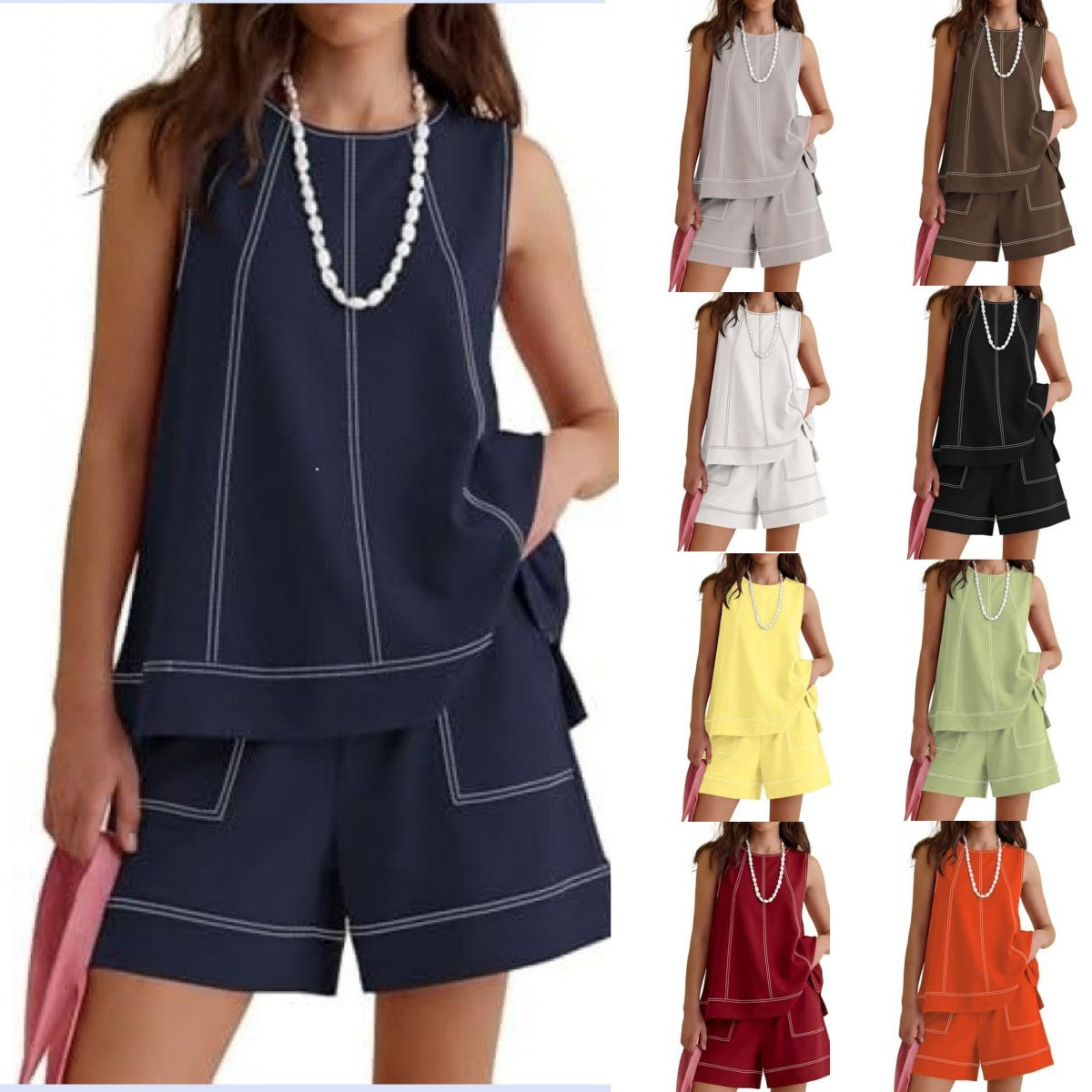 Summer Crew-neck Sleeveless Tank Top With Drawstring NorixaFashion.com