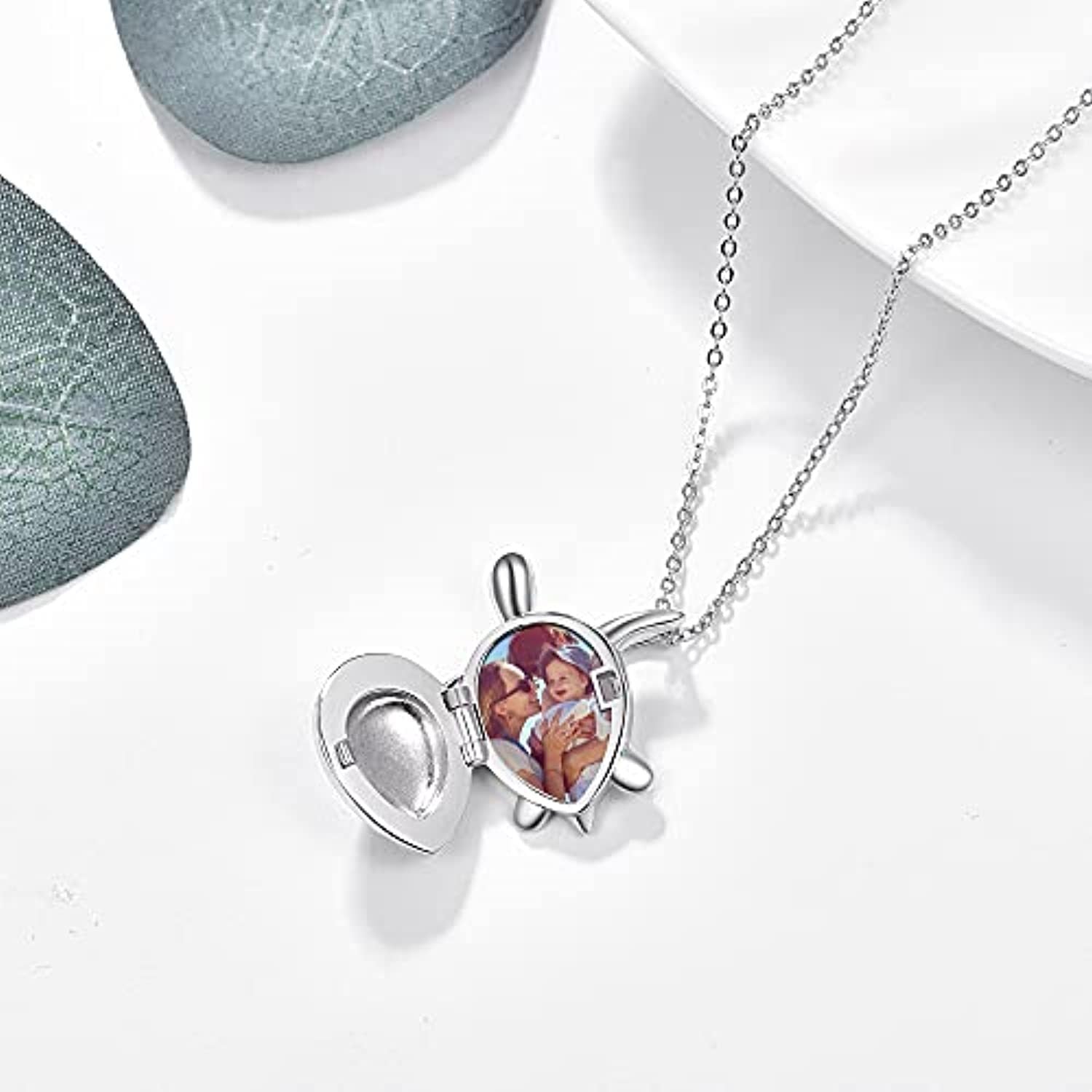 Silver Sea Turtle Locket Picture Photo Locket Abalone Shell Necklace For Women LadyShow.Store