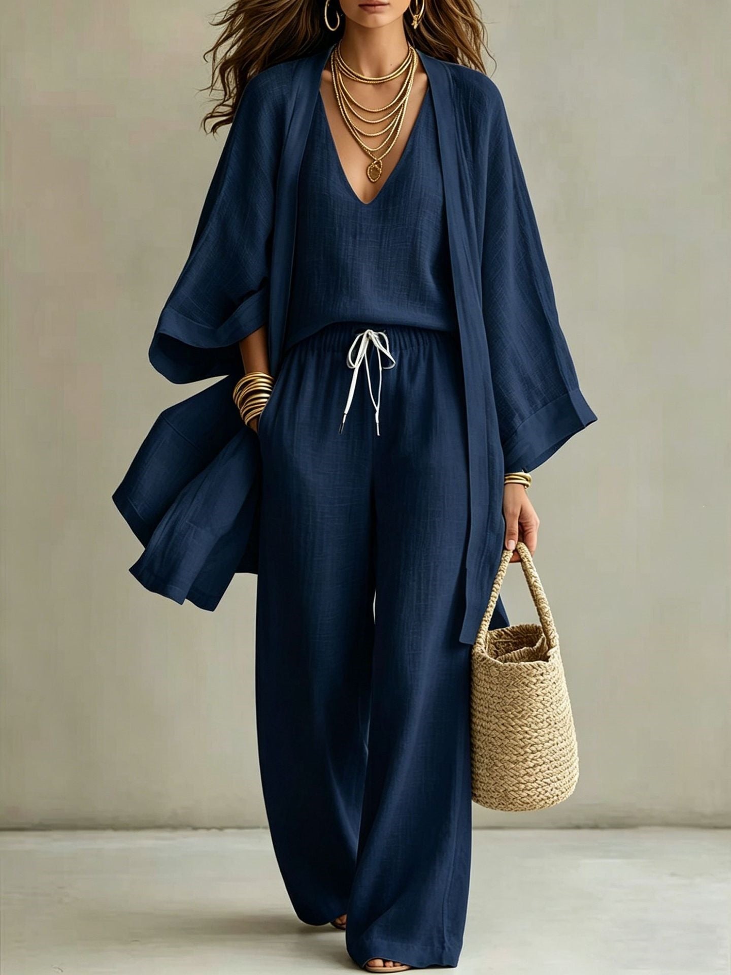 Womens Casual Three-piece Set Nine-quarter-sleeve Cardigan Sleeveless Vest And Long Pants NorixaFashion.com