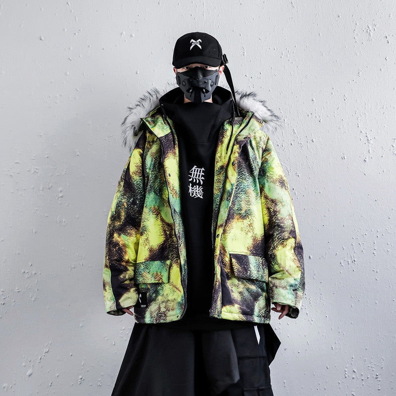 Winter coat men's plus size tie-dye student cotton coat, made old personality warm, large fur collar camouflage jacket