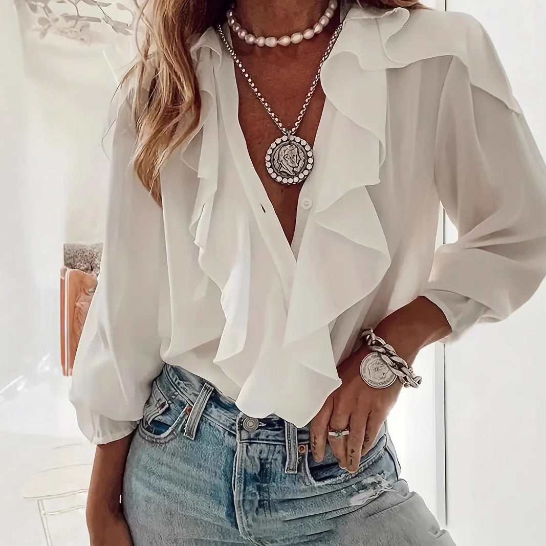 Ruffled-trim Shirt V-neck Long-sleeve Top Daily Commute Women's Clothing NorixaFashion.com