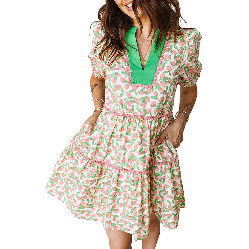 Printed Lace Patchwork Dress Women NorixaFashion.com