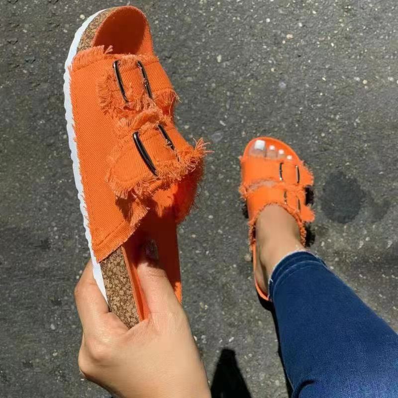 Casual Solid Canvas Buckle Denim Flat Slippers LadyShow.Store