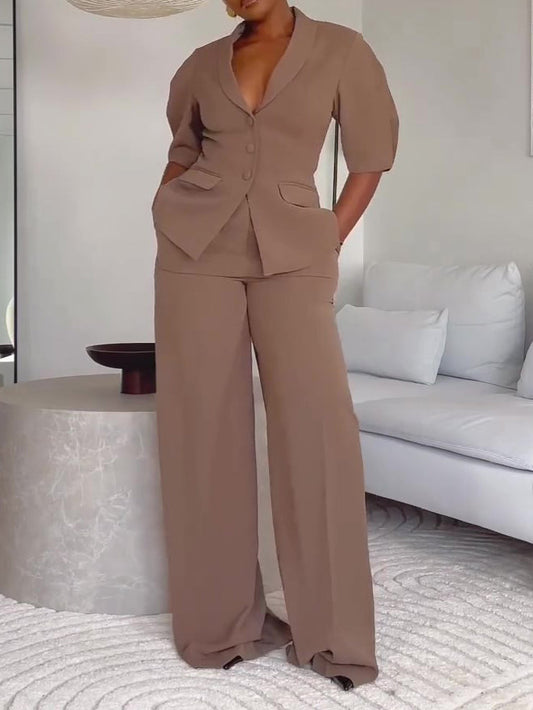 Brown Short-sleeved Blazer & High-waisted Pants Suit NorixaFashion.com
