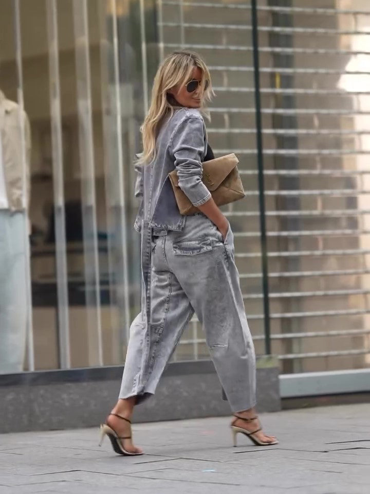 Denim Tie Long Sleeve Top & High Waist Pants Set NorixaFashion.com