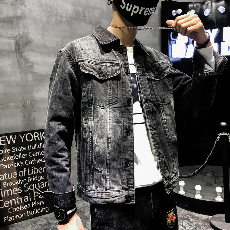 Boy Jeans Jacket Wolf Dog Embroidery Handsome Guy Slim Men's Jacket Best YouTube Store
