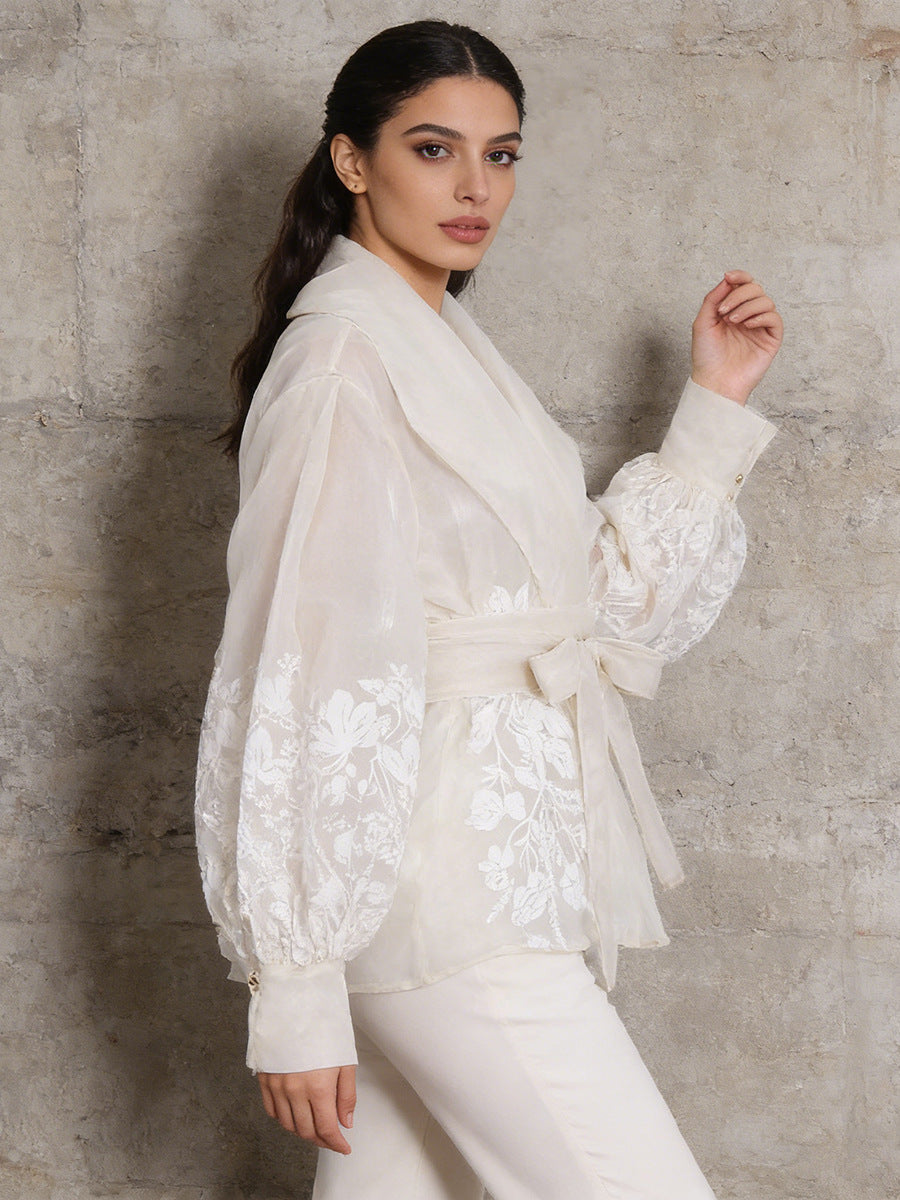Floral Embroidery Wrap Belted Bishop Sleeve Blouse NorixaFashion.com