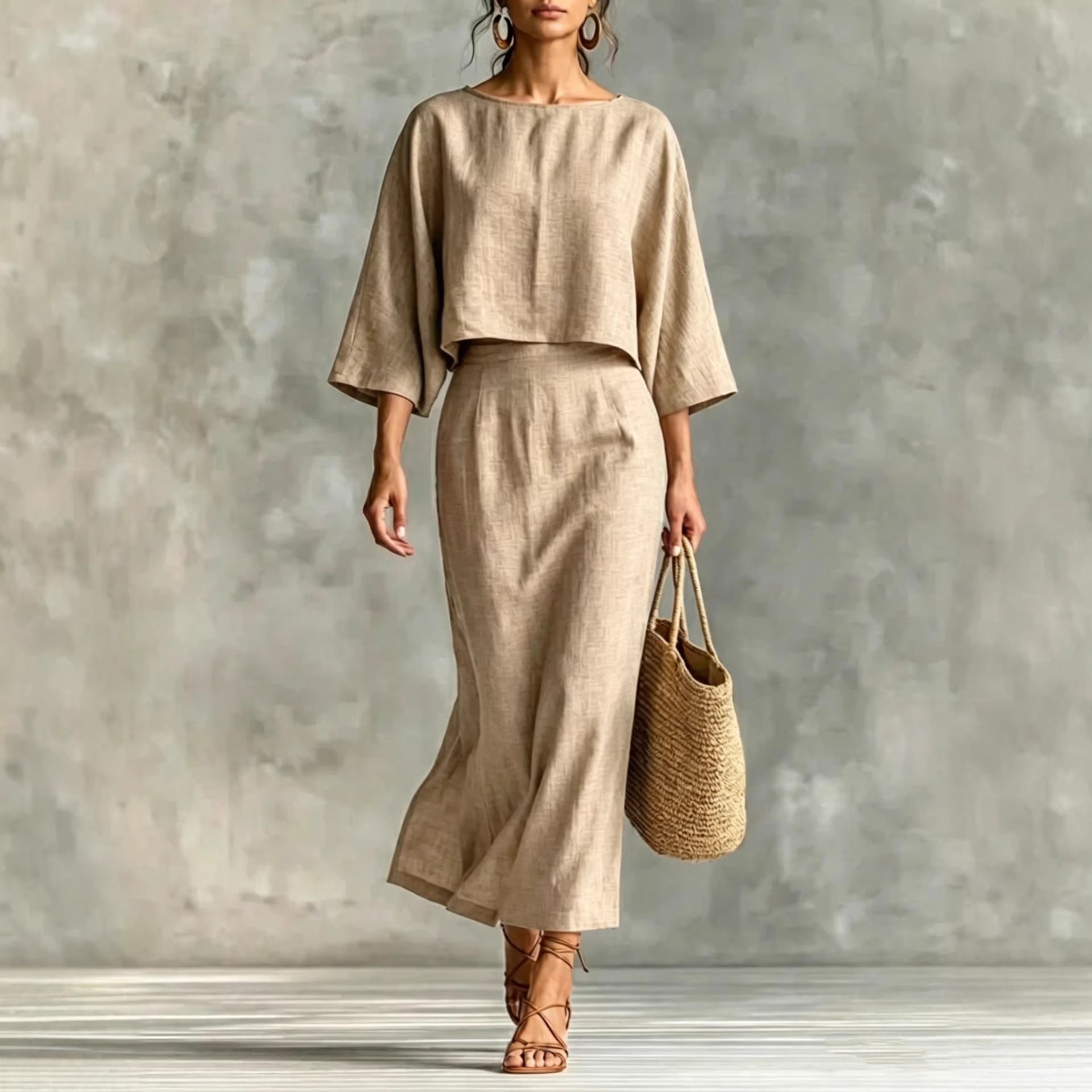 Womens High-Waisted Midi Skirt And Loose Top Set NorixaFashion.com